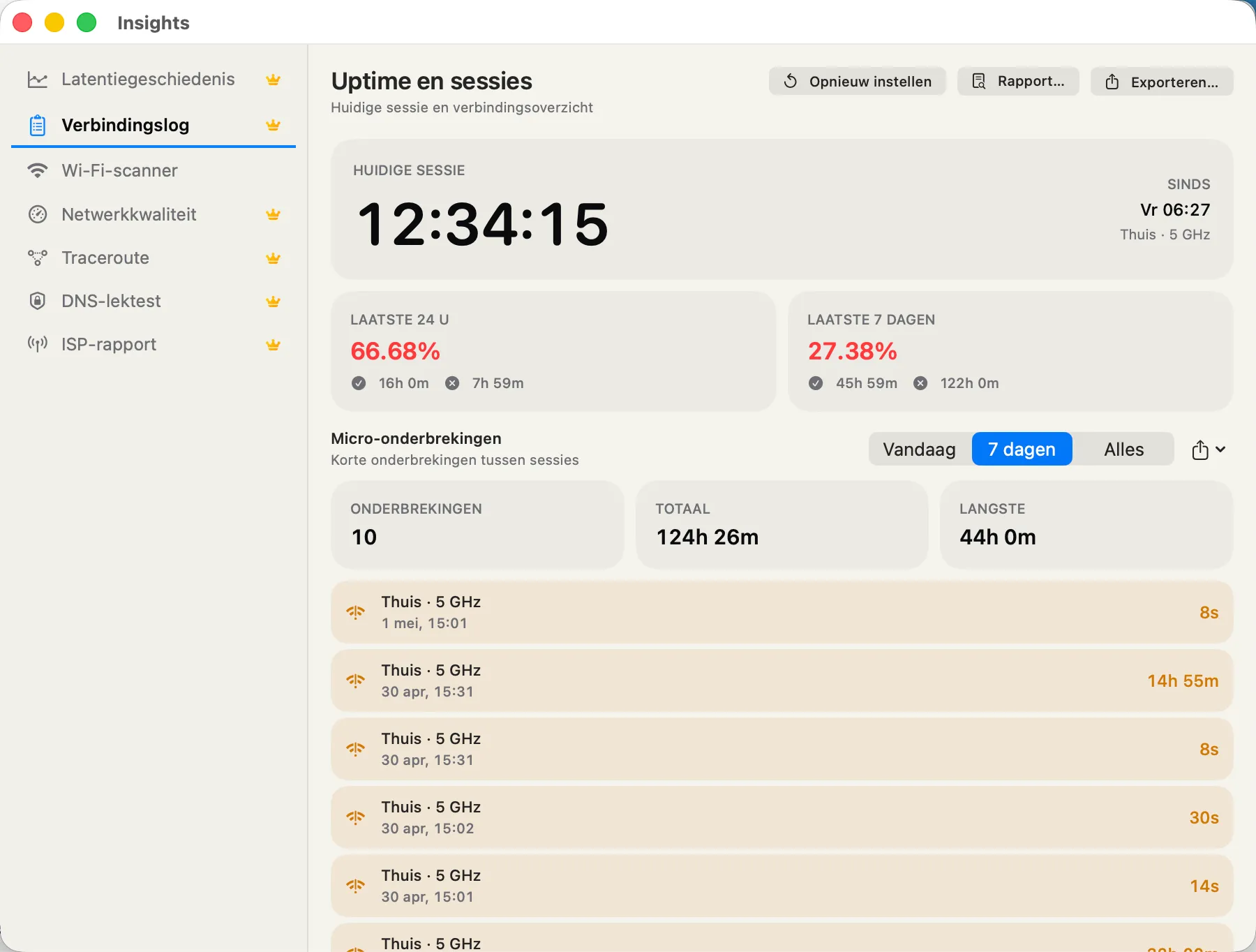Connection Log — every connection drop and rejoin as a session, with CSV export.