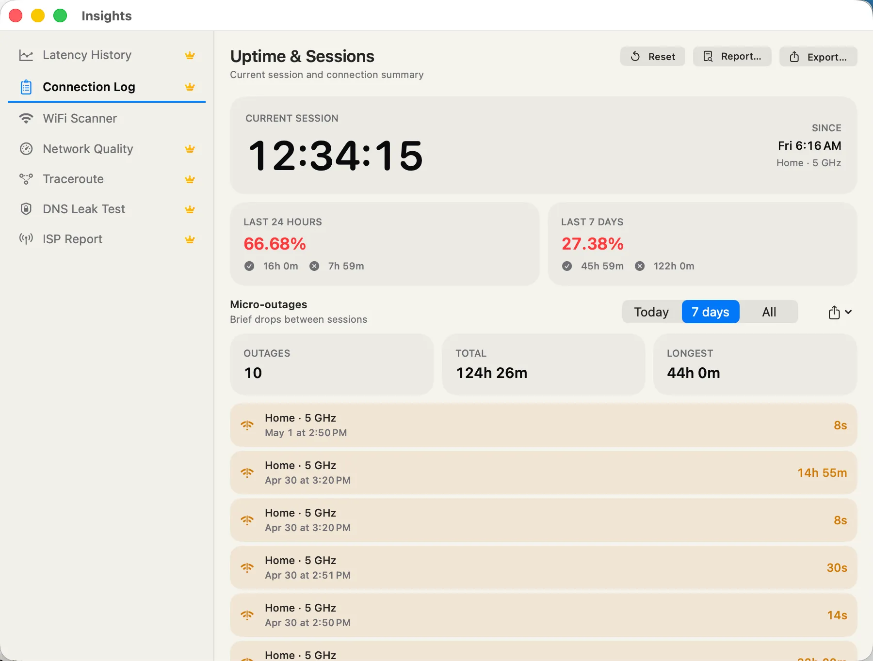 Connection Log — every connection drop and rejoin as a session, with CSV export.