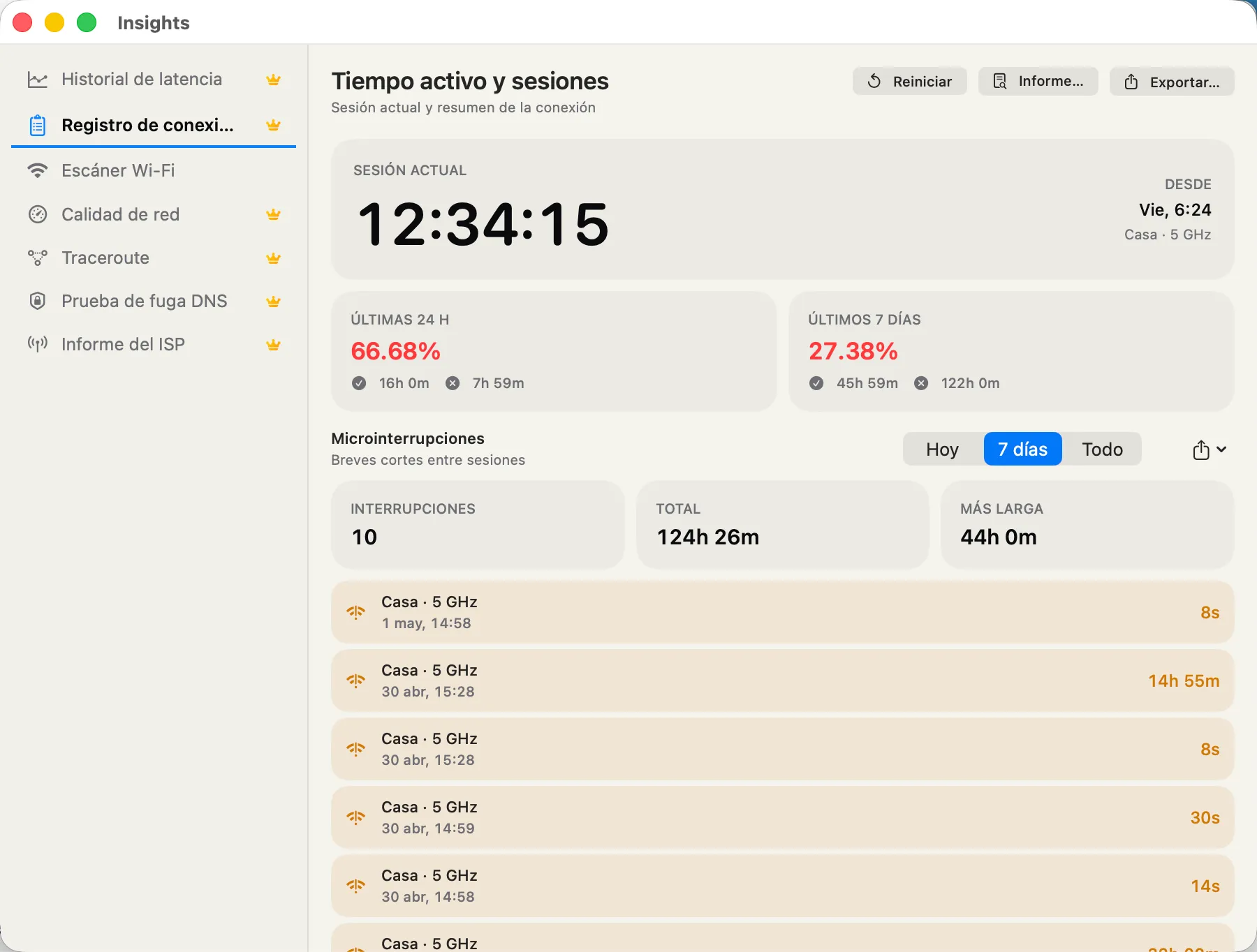 Connection Log — every connection drop and rejoin as a session, with CSV export.