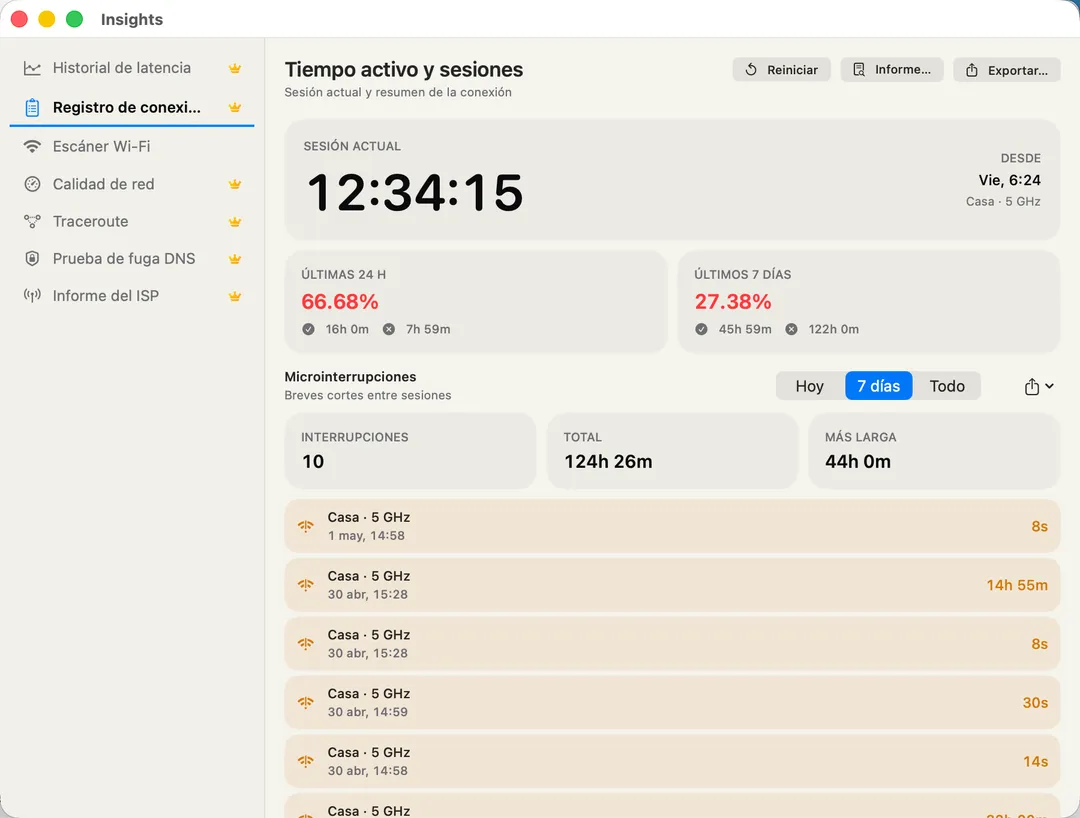 Connection Log — every connection drop and rejoin as a session, with CSV export.