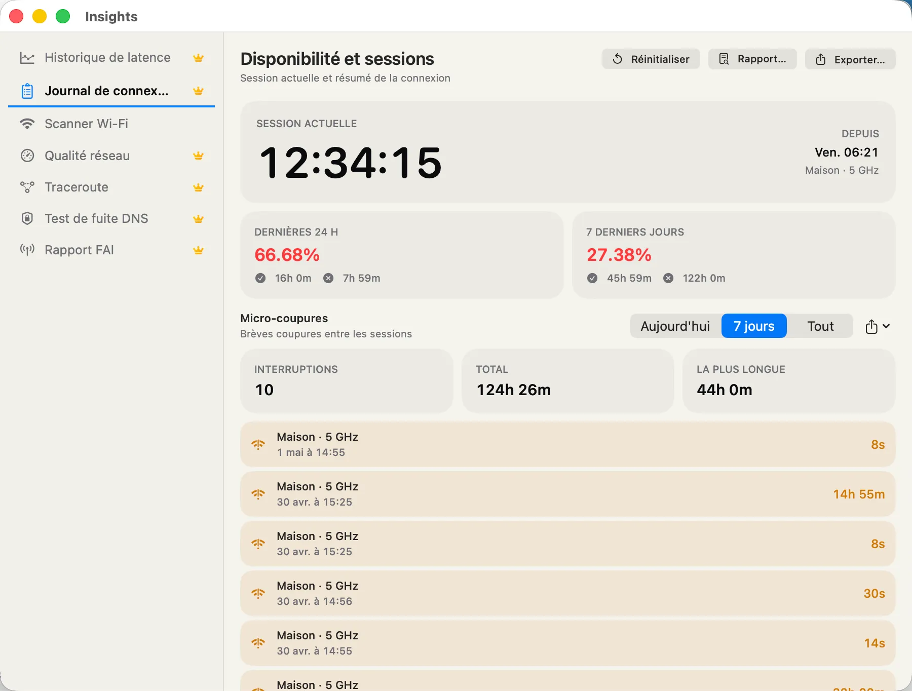 Connection Log — every connection drop and rejoin as a session, with CSV export.