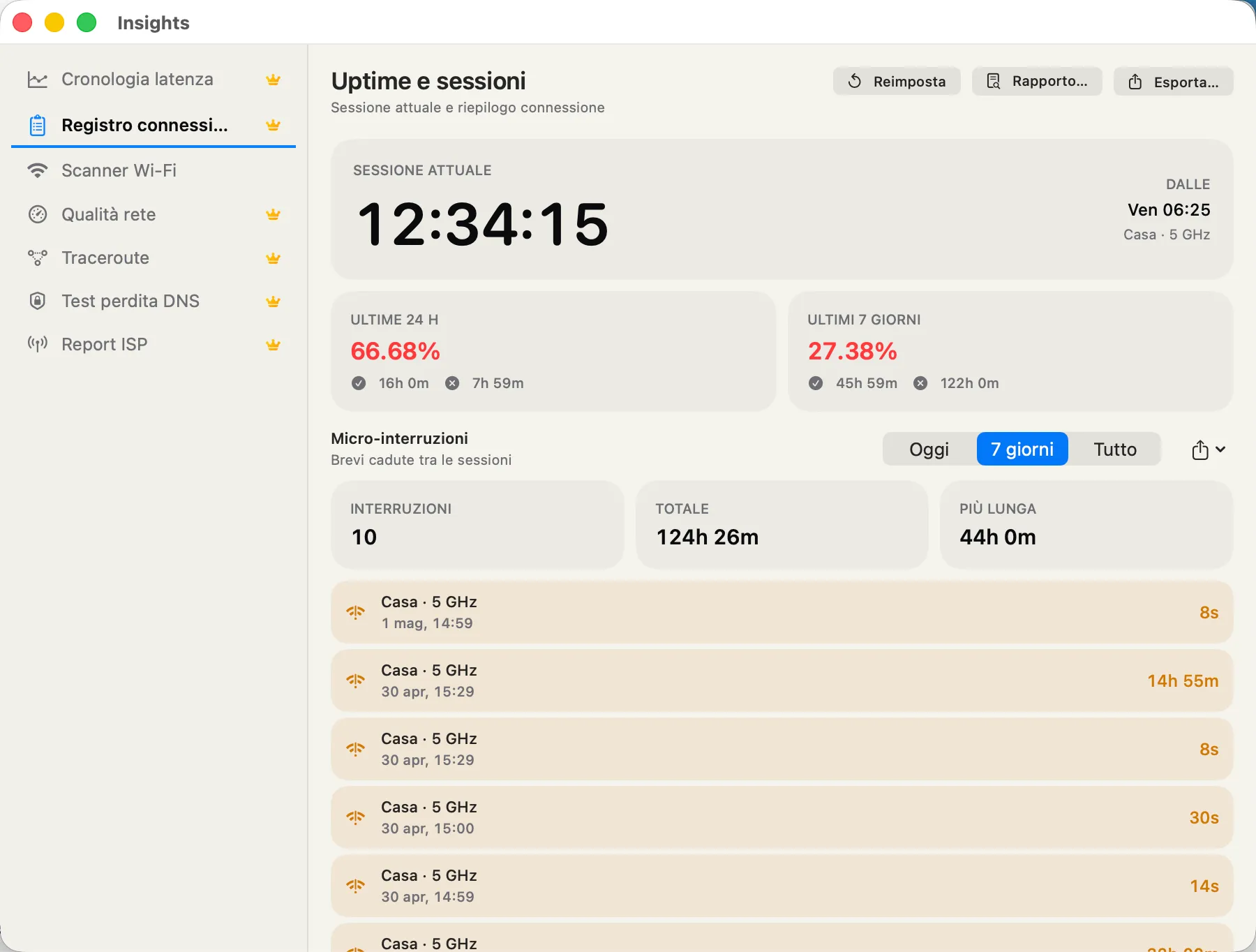 Connection Log — every connection drop and rejoin as a session, with CSV export.