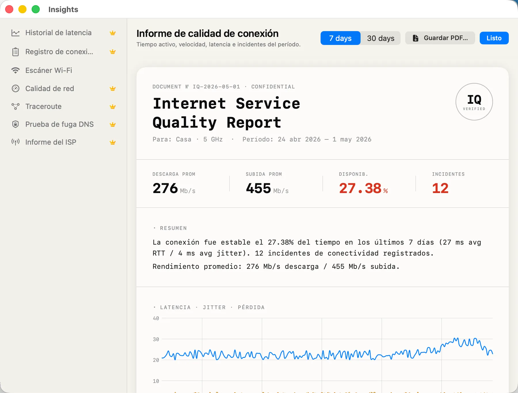 Connection Quality Report — 24h scorecard of stability, jitter and packet loss.