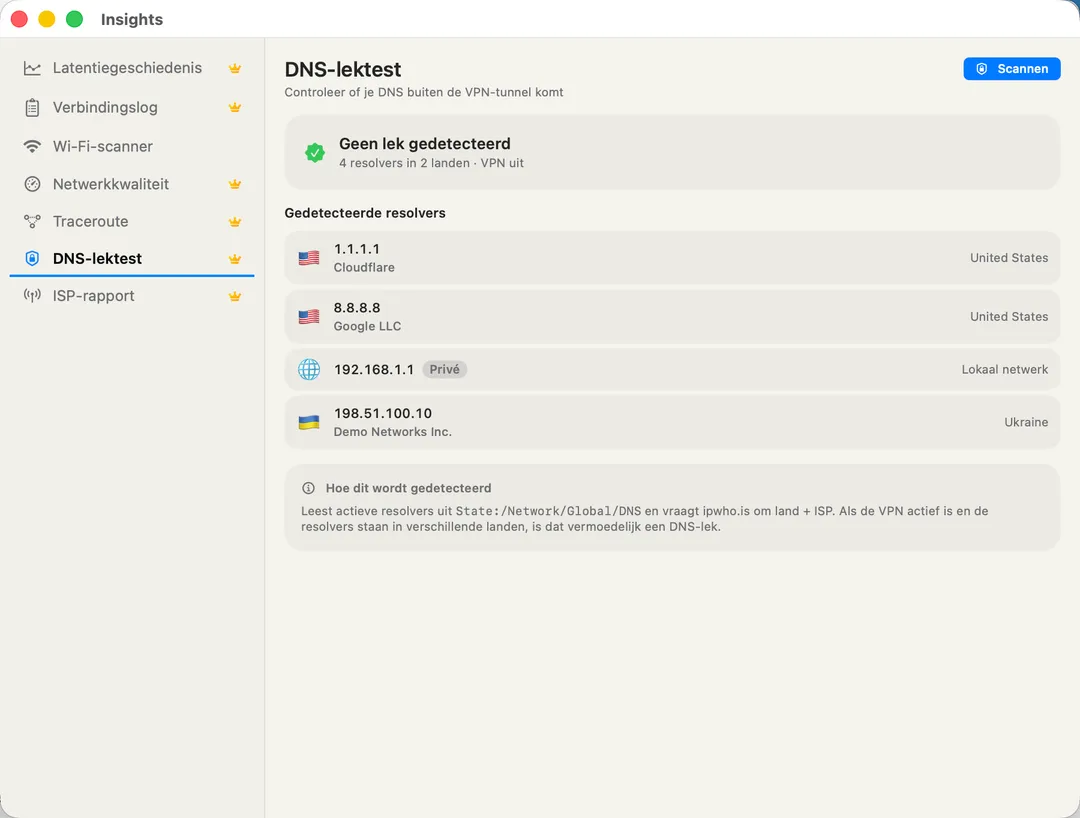 DNS Leak Test — every resolver in use with country flag and ISP per resolver.