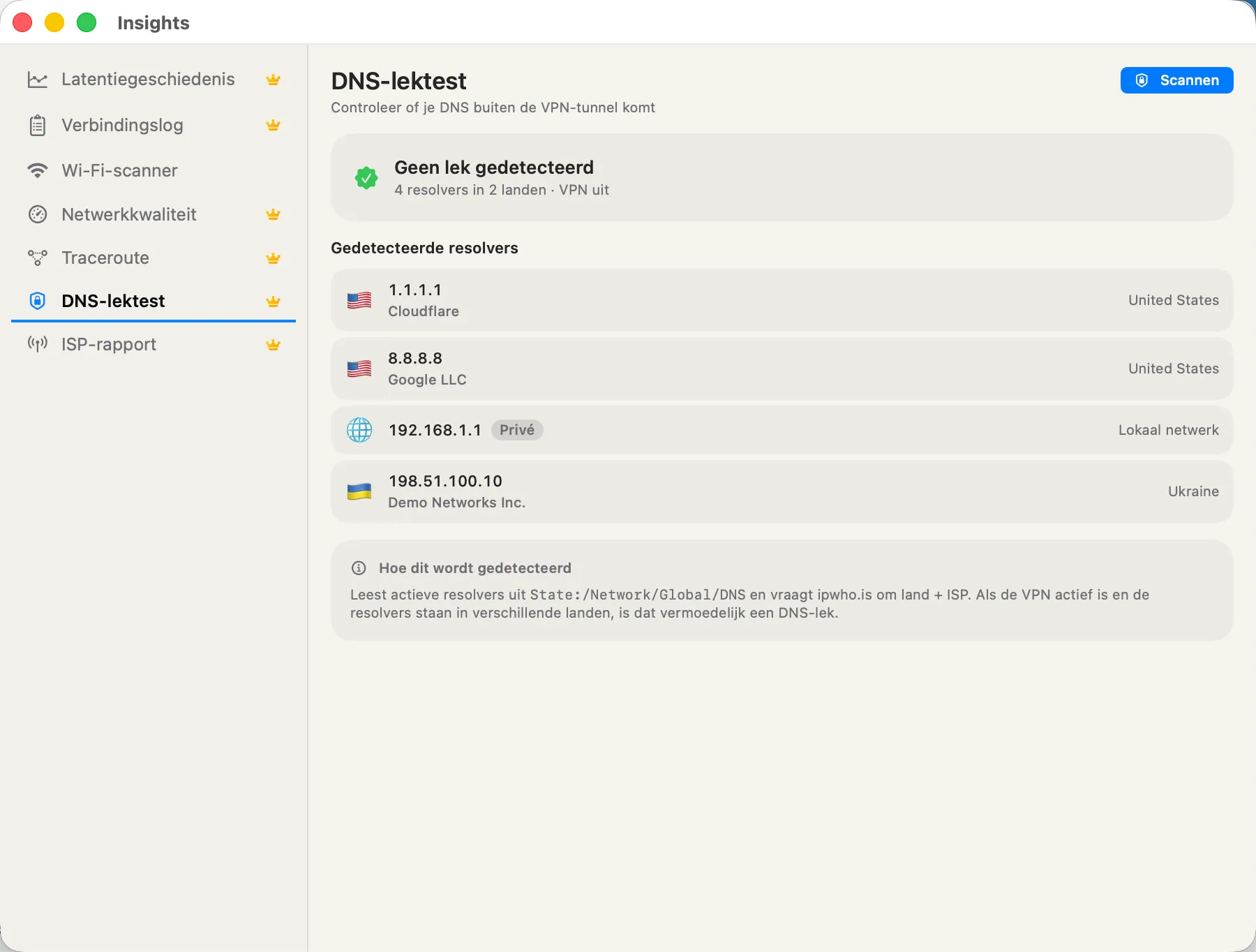 DNS Leak Test — every resolver in use with country flag and ISP per resolver.