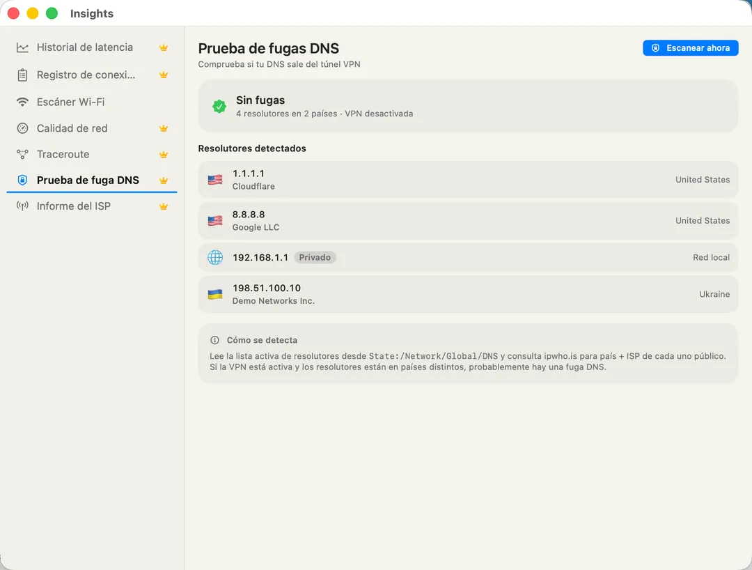 DNS Leak Test — every resolver in use with country flag and ISP per resolver.