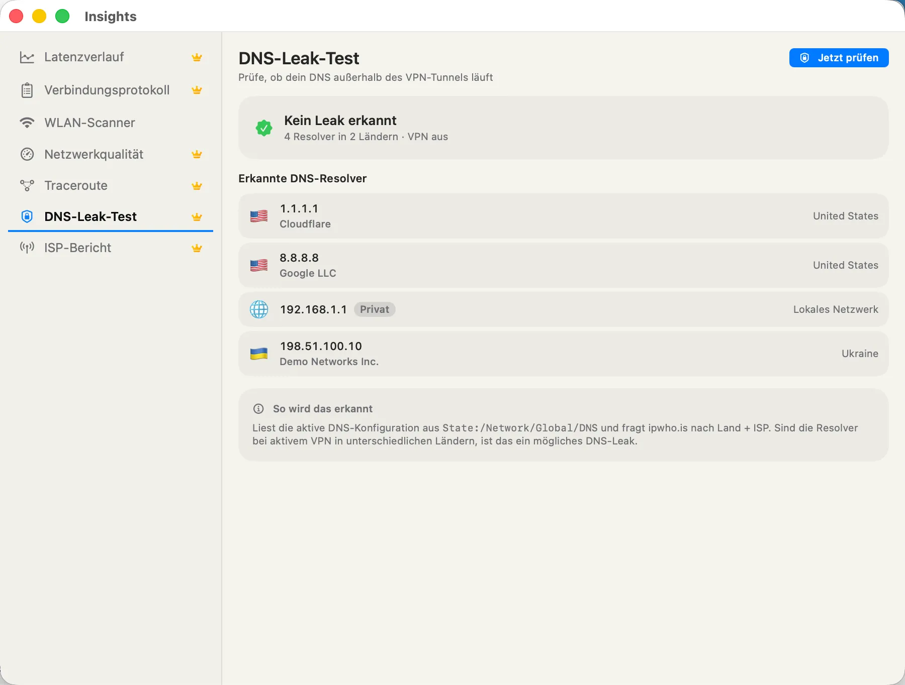 DNS Leak Test — every resolver in use with country flag and ISP per resolver.