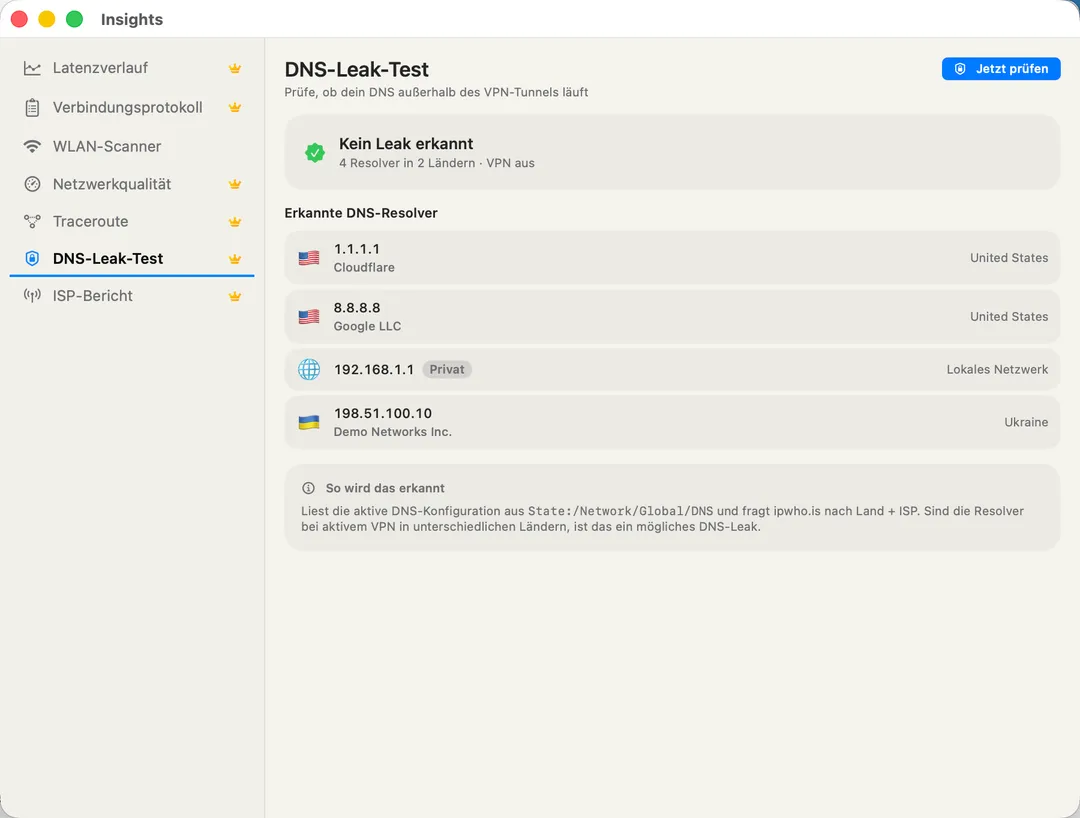 DNS Leak Test — every resolver in use with country flag and ISP per resolver.