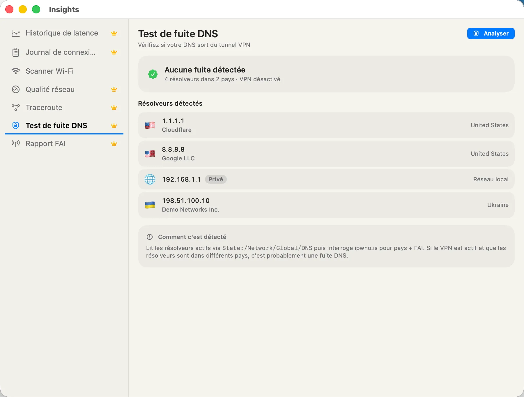 DNS Leak Test — every resolver in use with country flag and ISP per resolver.