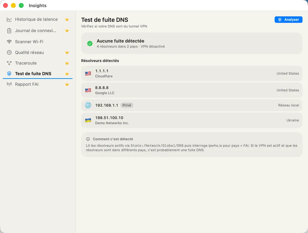 DNS Leak Test — every resolver in use with country flag and ISP per resolver.