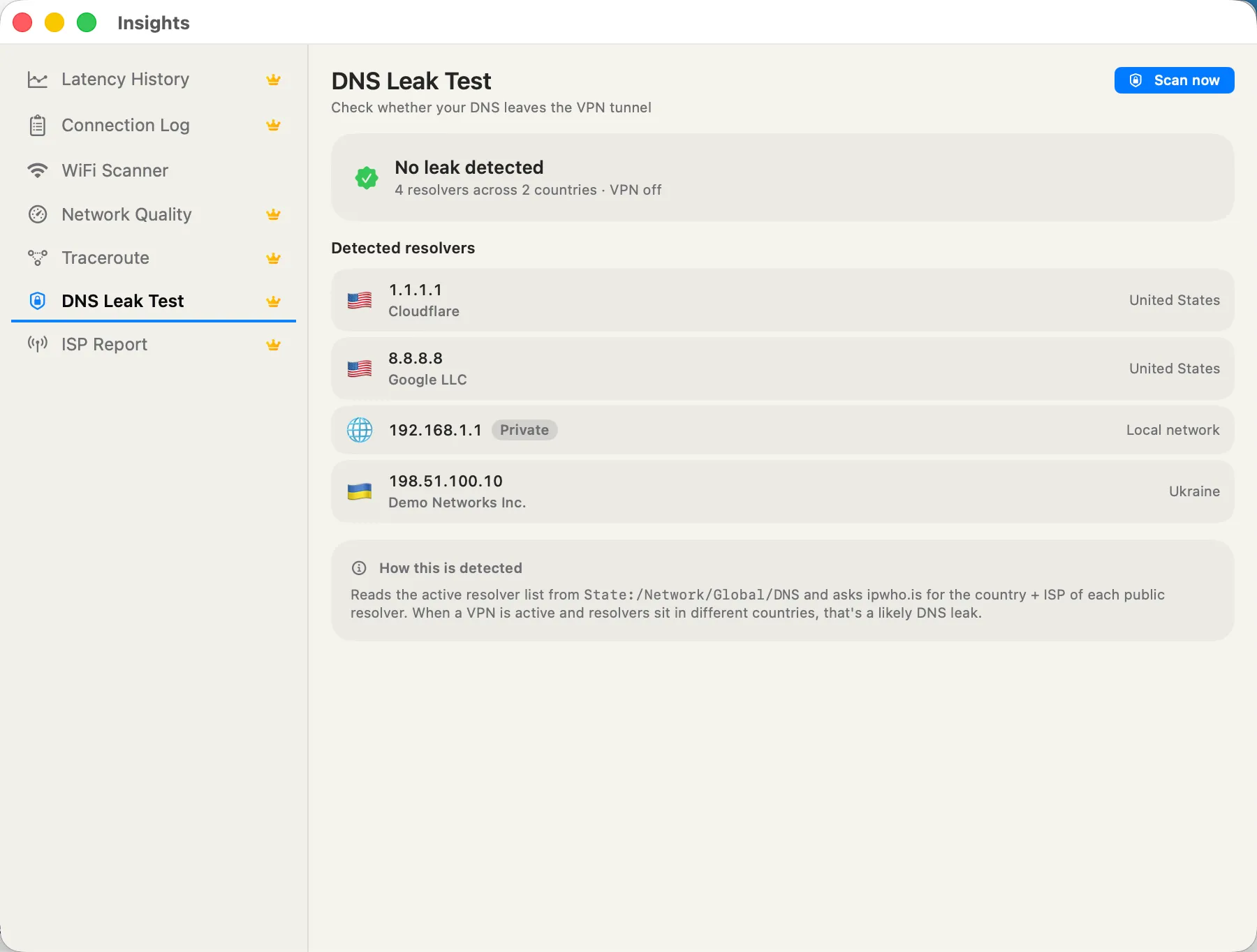 DNS Leak Test — every resolver in use with country flag and ISP per resolver.