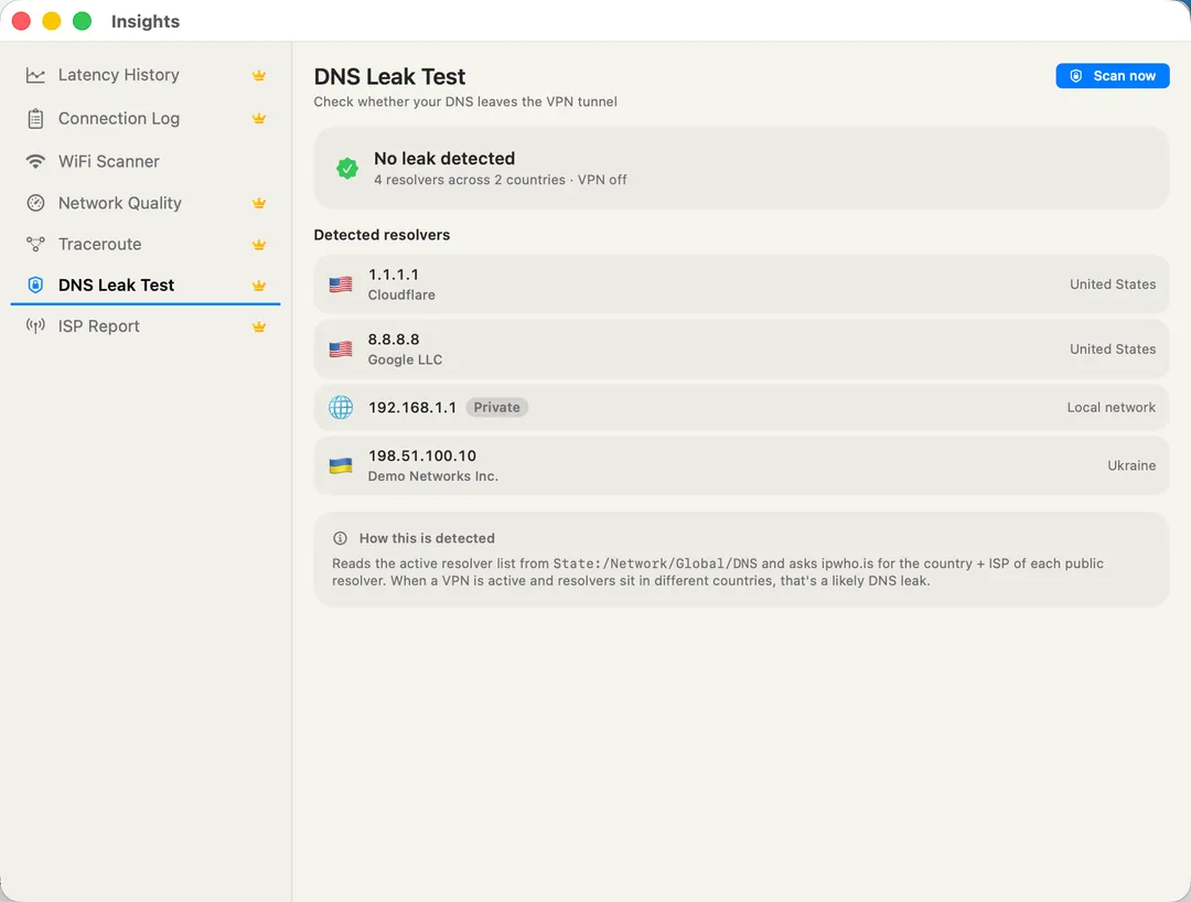 DNS Leak Test — every resolver in use with country flag and ISP per resolver.