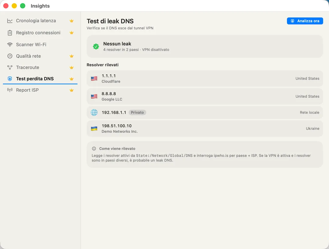 DNS Leak Test — every resolver in use with country flag and ISP per resolver.
