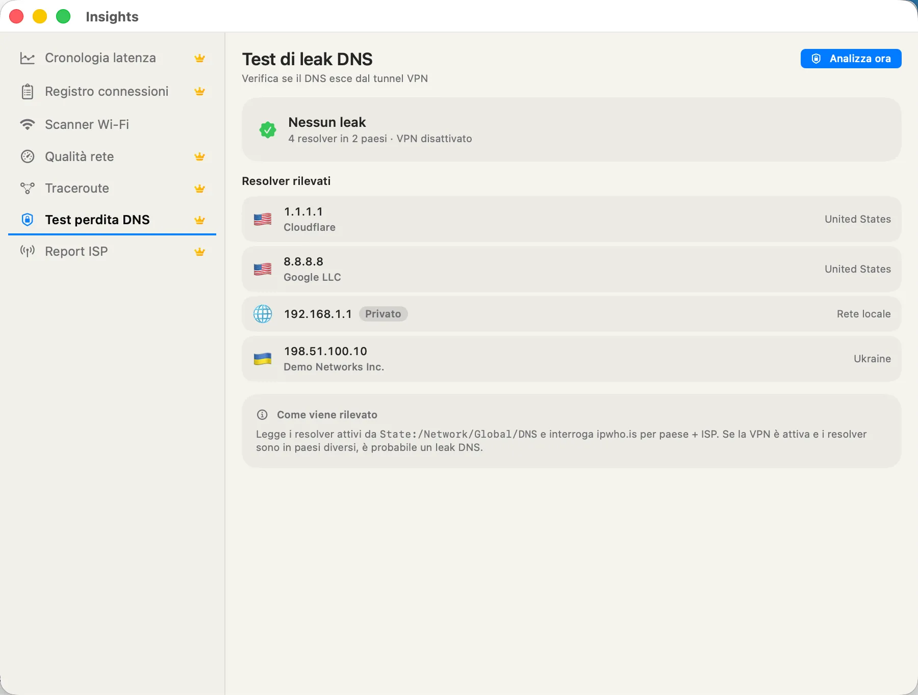 DNS Leak Test — every resolver in use with country flag and ISP per resolver.