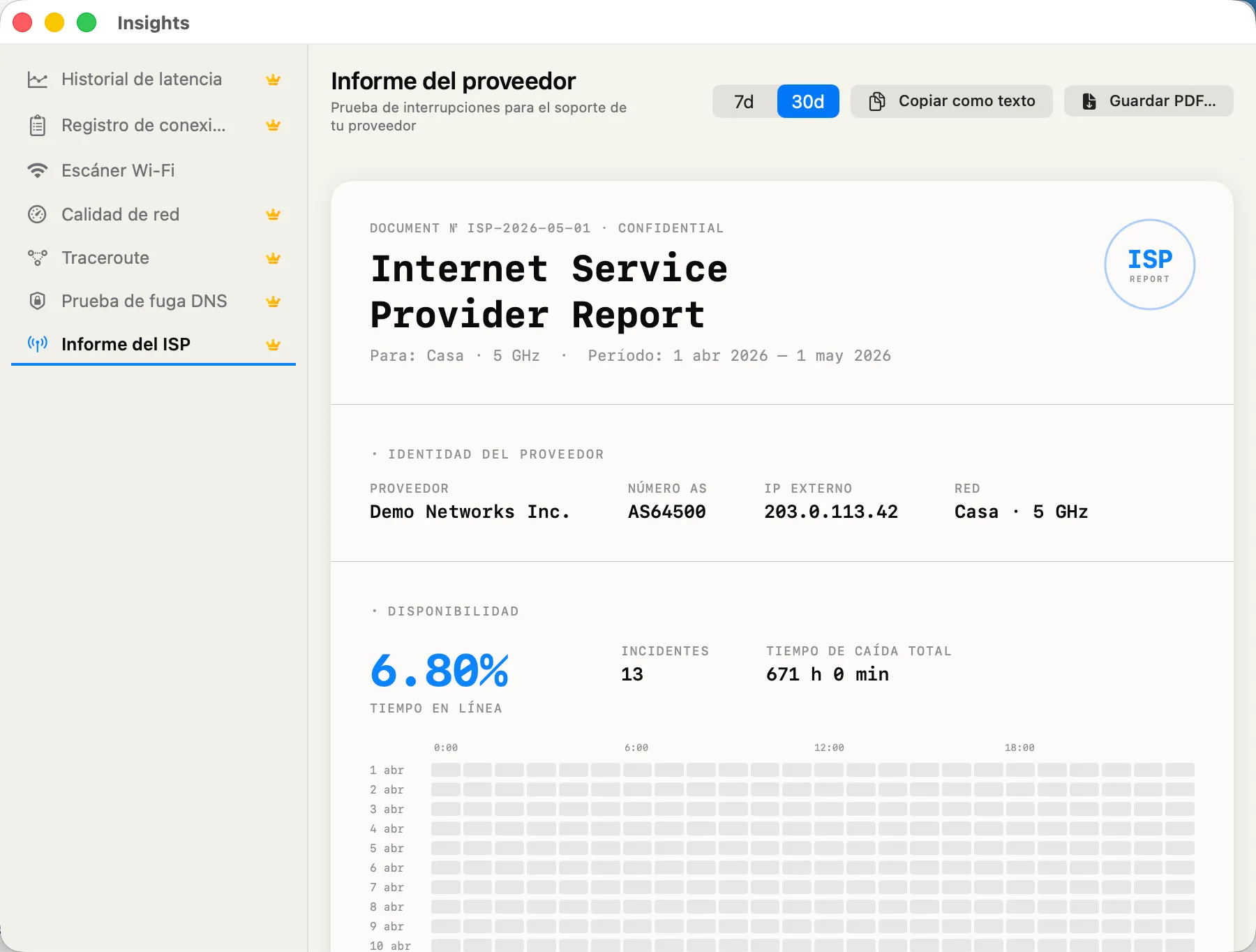 ISP Report — your provider, ASN, and IP geolocation.