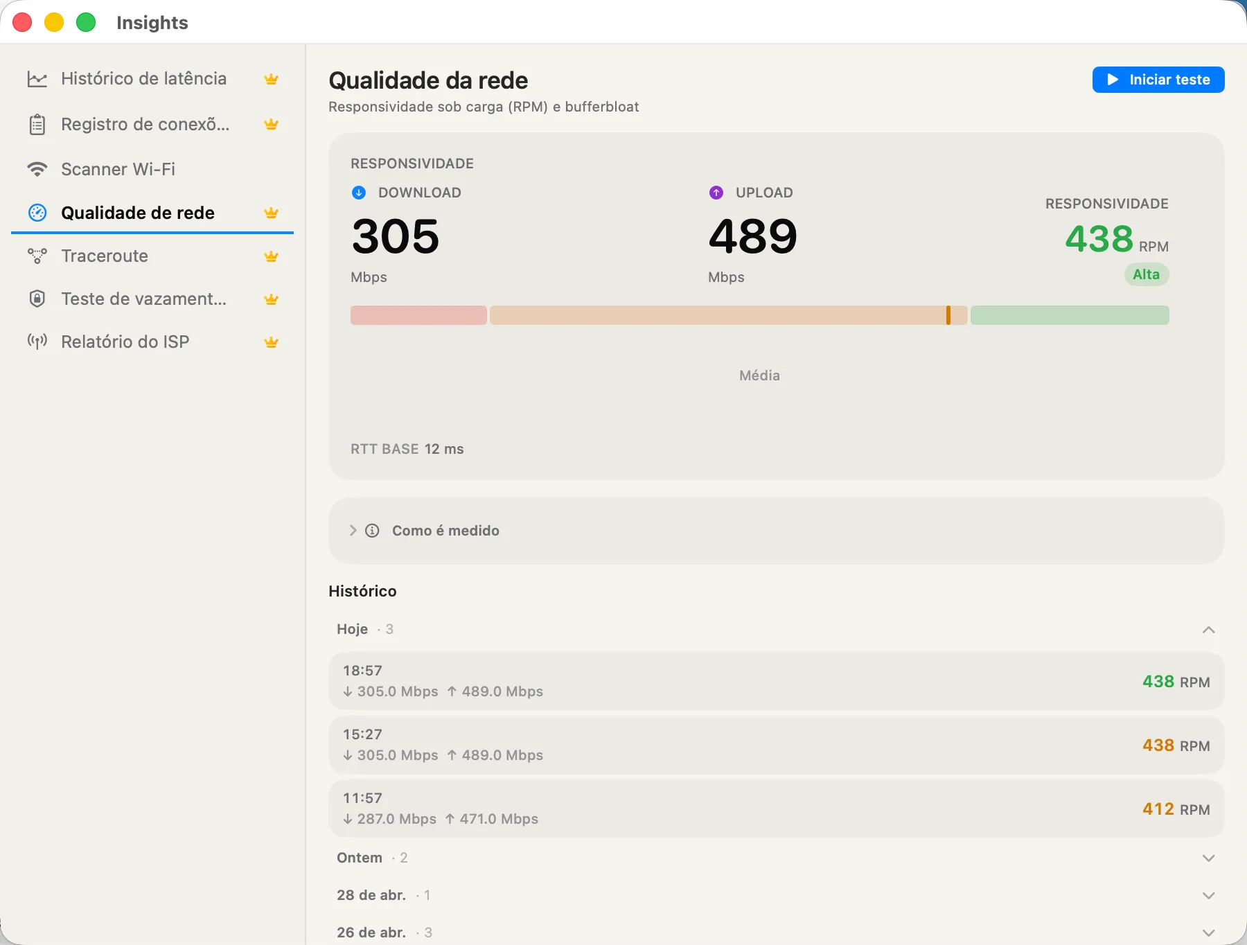 Network Quality — RPM responsiveness, download / upload Mbps, bufferbloat verdict.