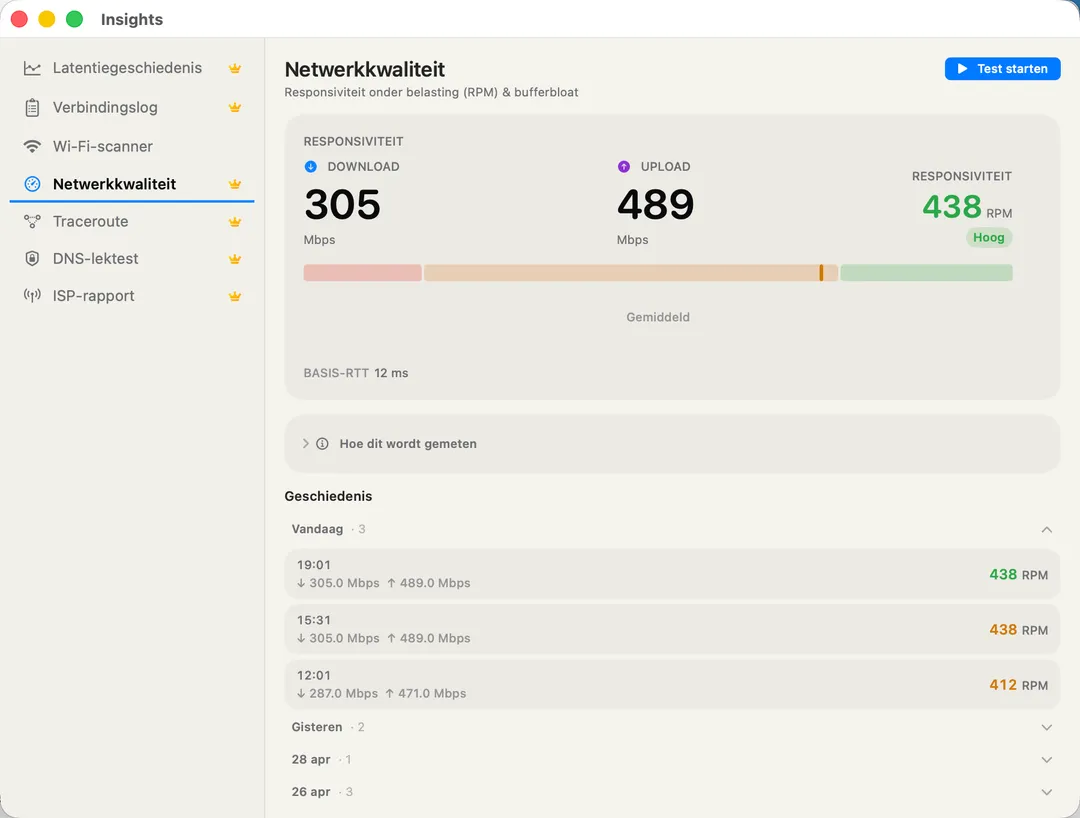 Network Quality — RPM responsiveness, download / upload Mbps, bufferbloat verdict.