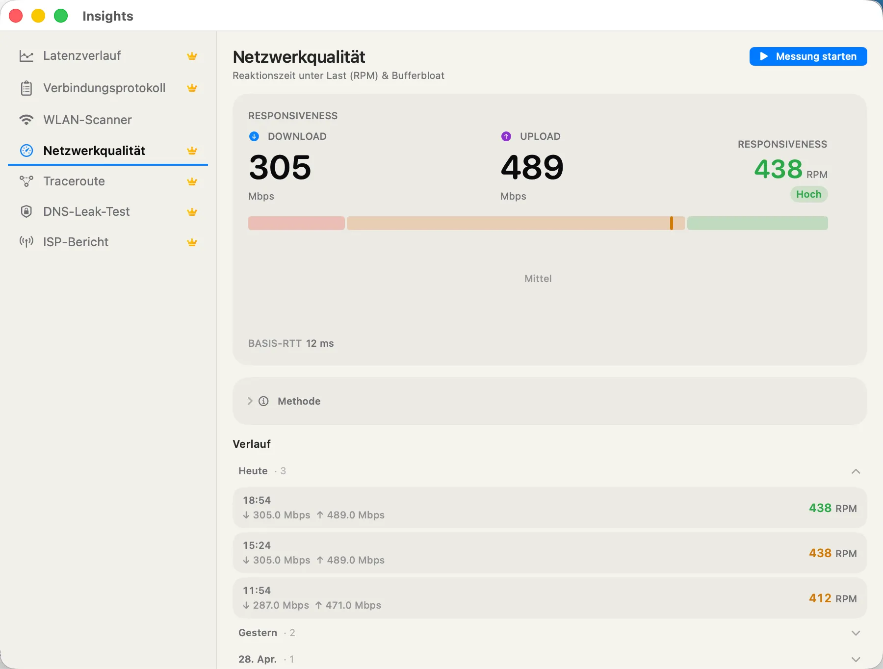 Network Quality — RPM responsiveness, download / upload Mbps, bufferbloat verdict.