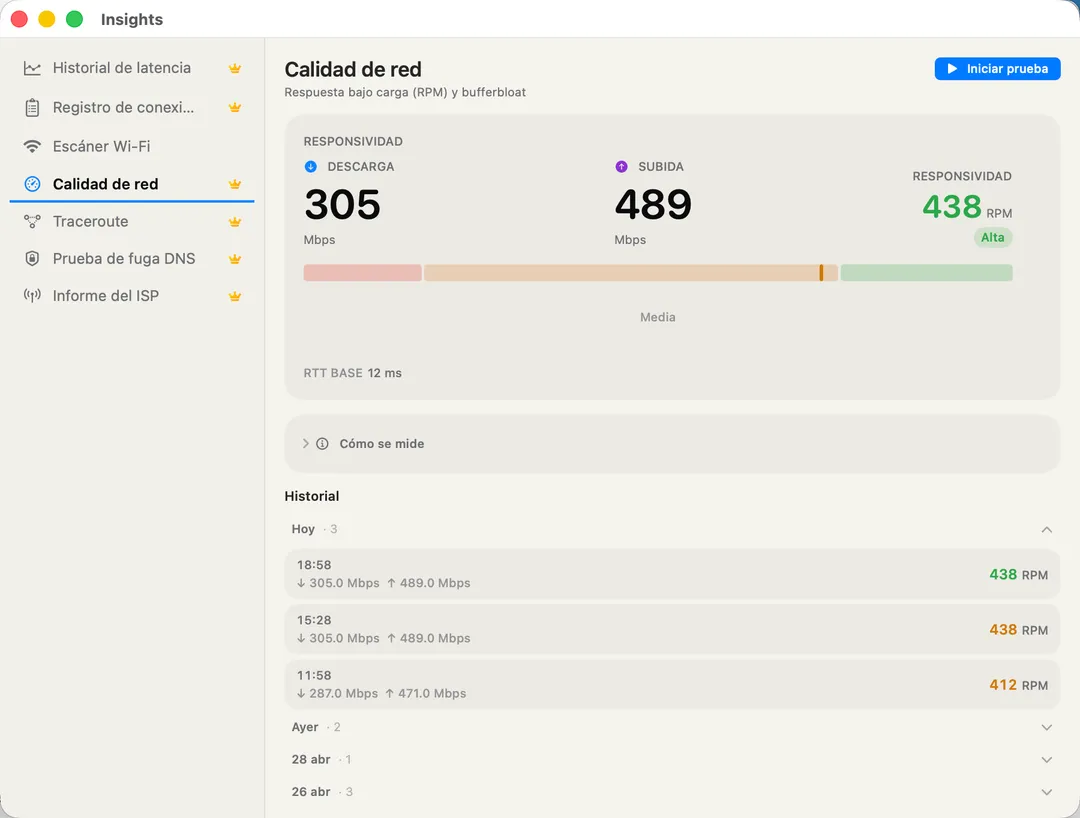 Network Quality — RPM responsiveness, download / upload Mbps, bufferbloat verdict.