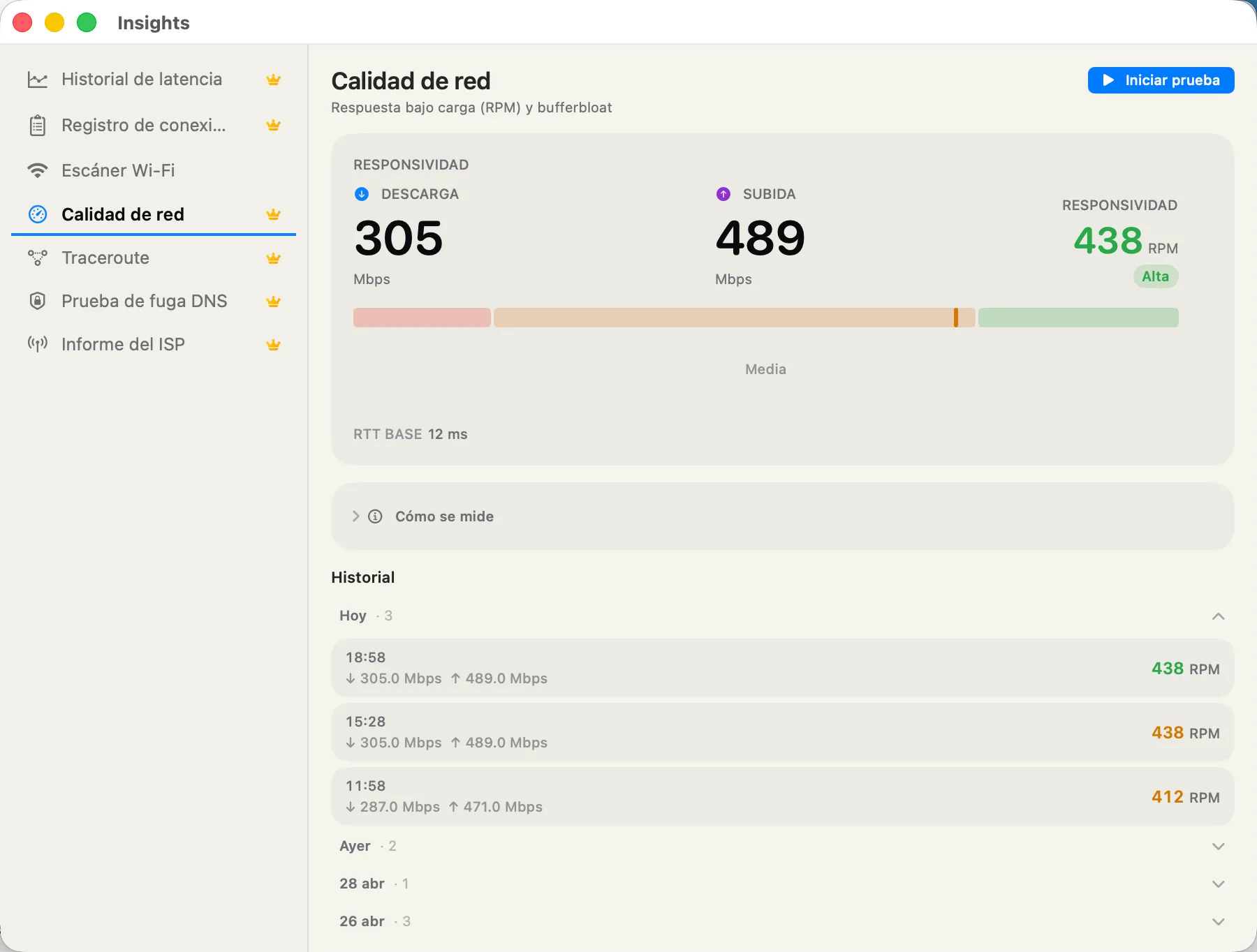 Network Quality — RPM responsiveness, download / upload Mbps, bufferbloat verdict.