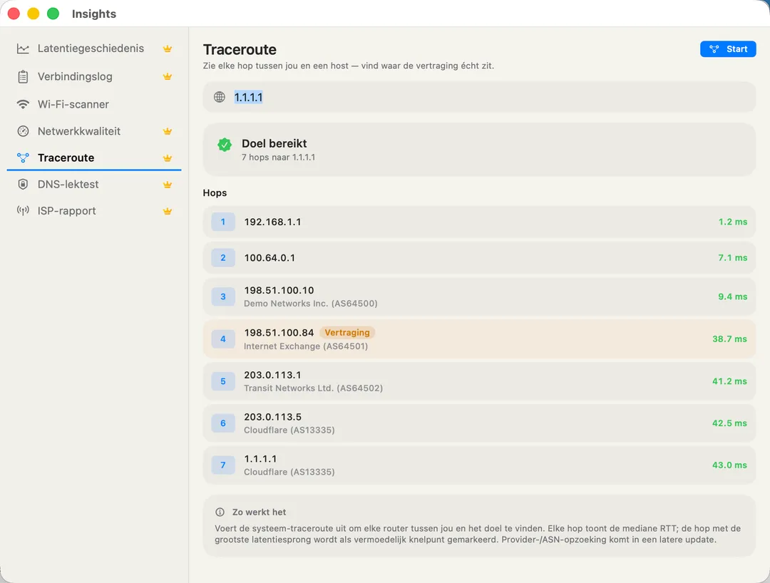 Traceroute — live hop list with a "slow jump" badge on the bottleneck hop.