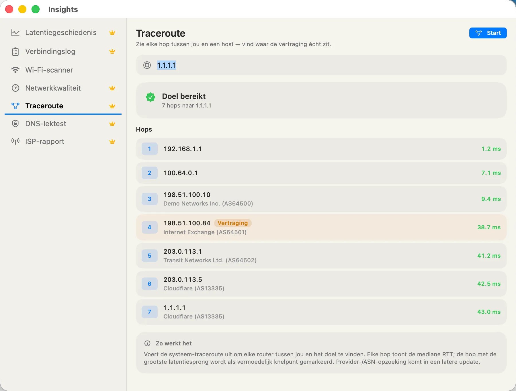 Traceroute — live hop list with a "slow jump" badge on the bottleneck hop.