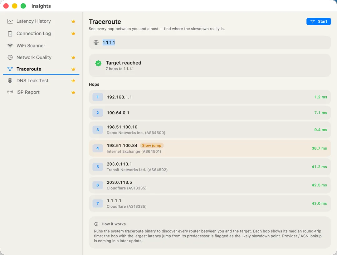 Traceroute — live hop list with a "slow jump" badge on the bottleneck hop.