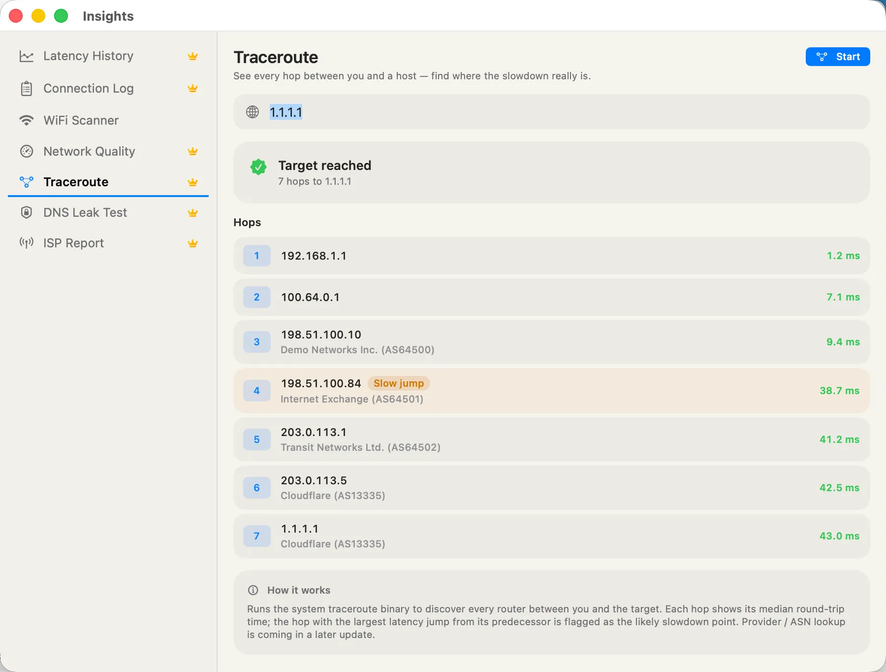Traceroute — live hop list with a "slow jump" badge on the bottleneck hop.