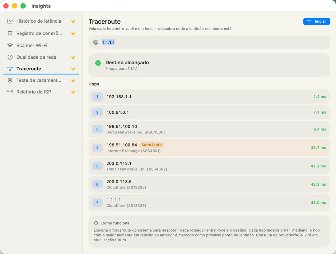 Traceroute — live hop list with a "slow jump" badge on the bottleneck hop.