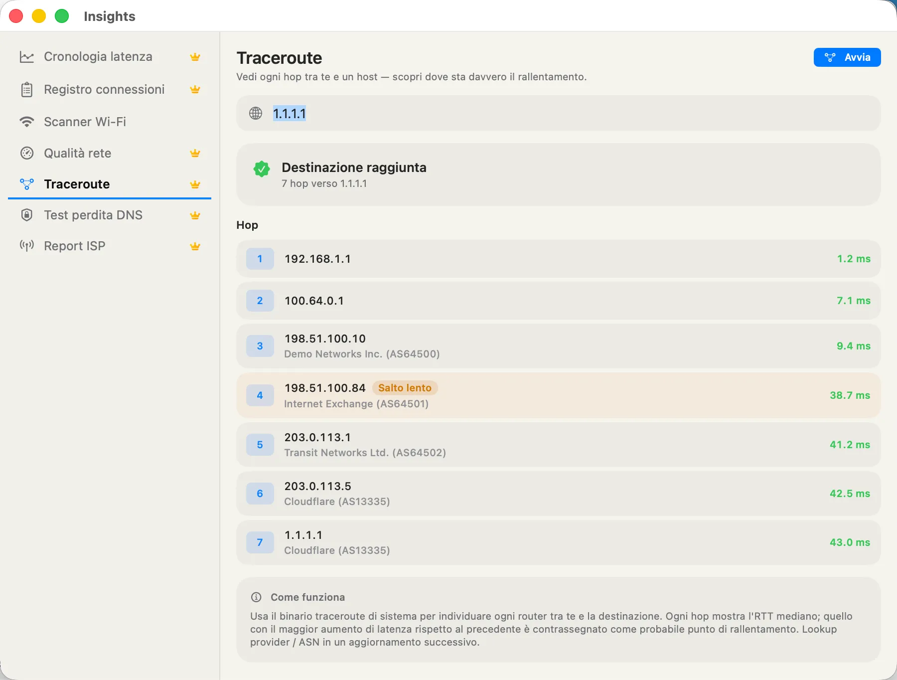 Traceroute — live hop list with a "slow jump" badge on the bottleneck hop.