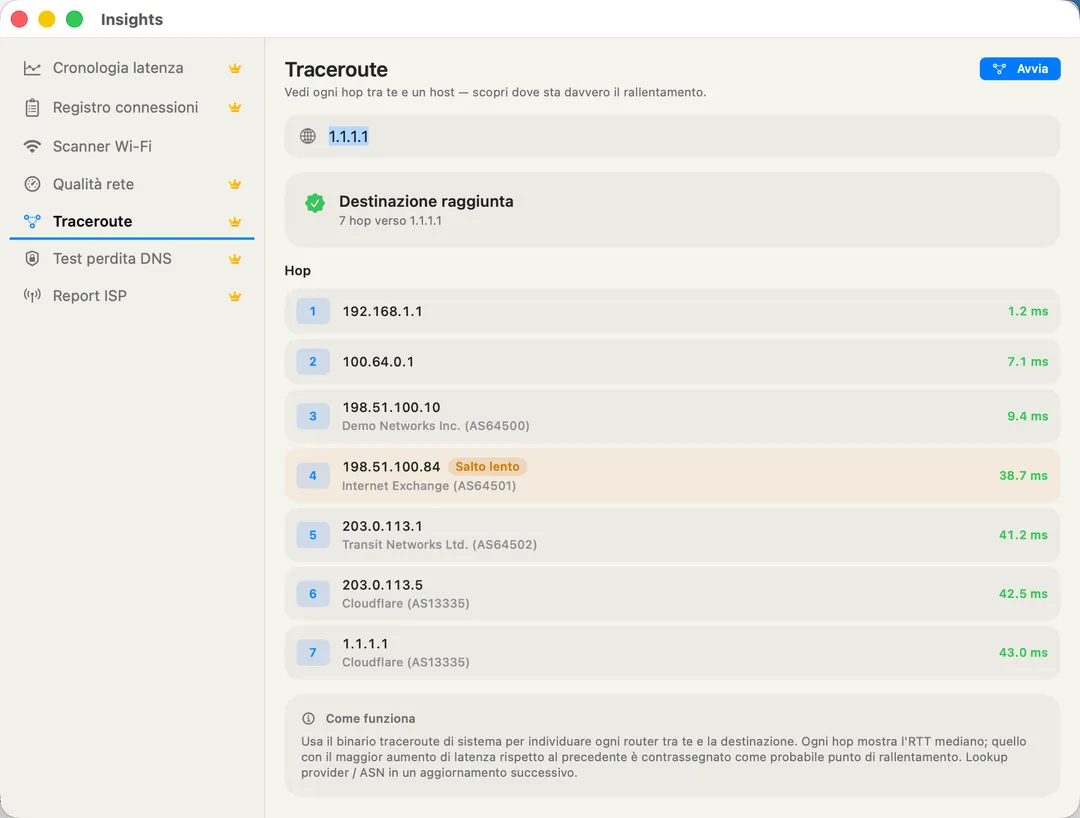 Traceroute — live hop list with a "slow jump" badge on the bottleneck hop.