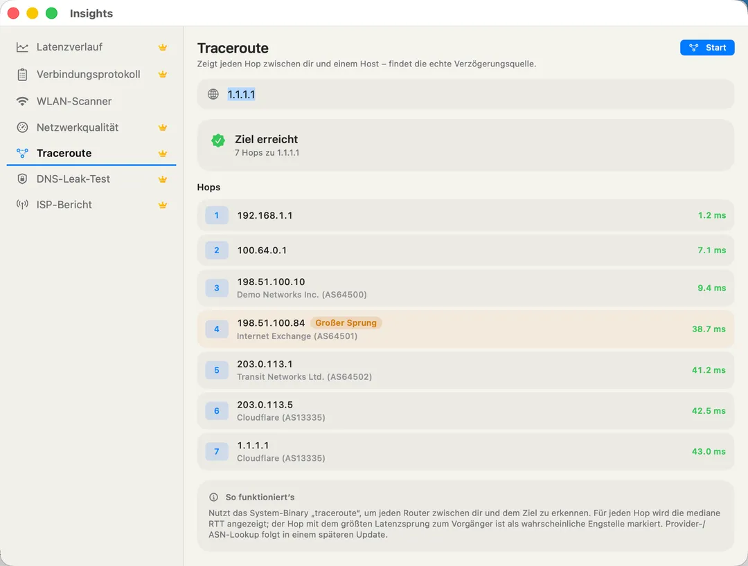 Traceroute — live hop list with a "slow jump" badge on the bottleneck hop.
