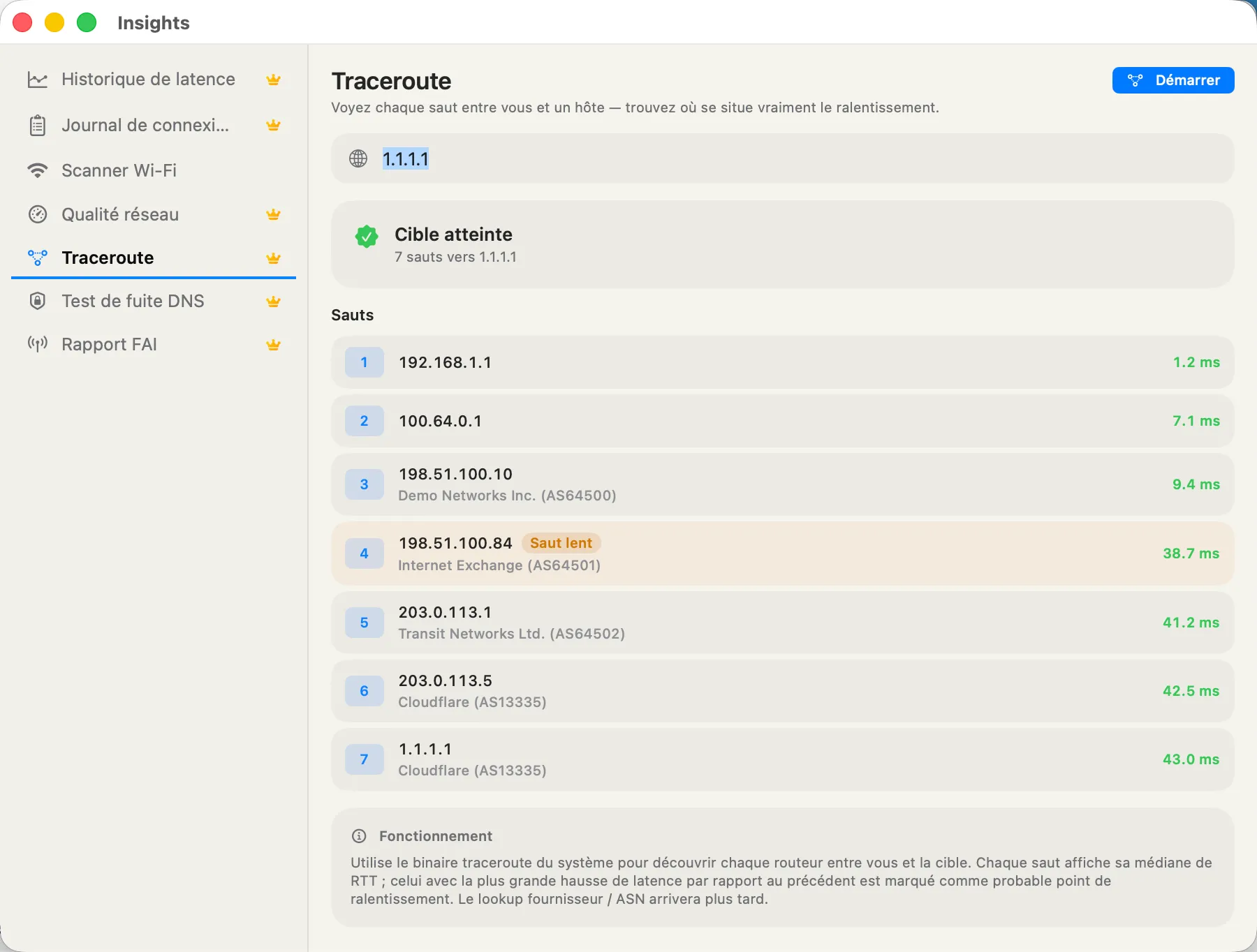 Traceroute — live hop list with a "slow jump" badge on the bottleneck hop.