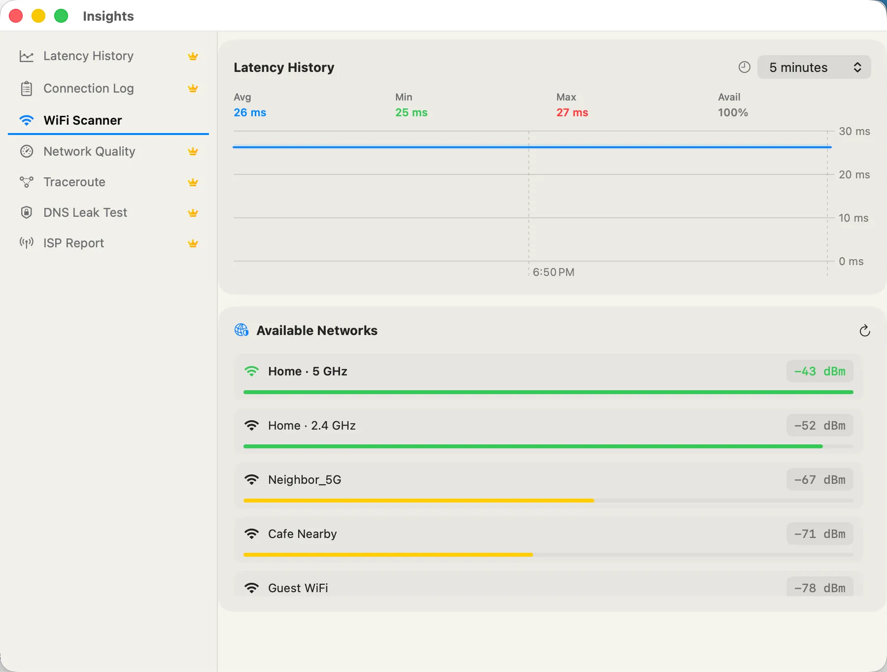 Wi-Fi Scanner — nearby networks with signal strength and channel.