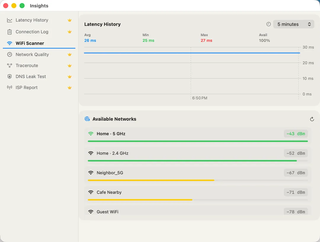 Wi-Fi Scanner — nearby networks with signal strength and channel.