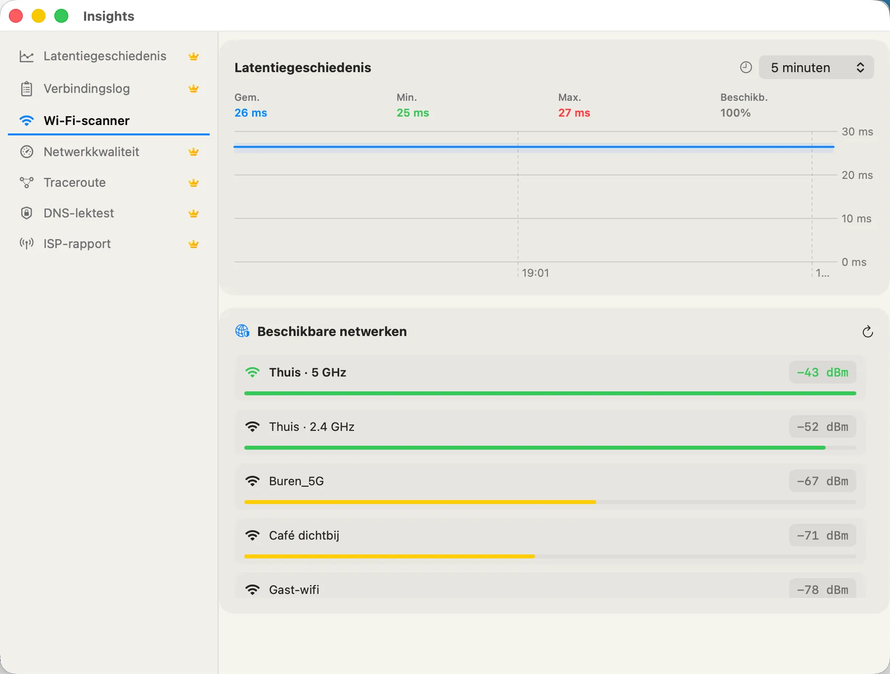 Wi-Fi Scanner — nearby networks with signal strength and channel.
