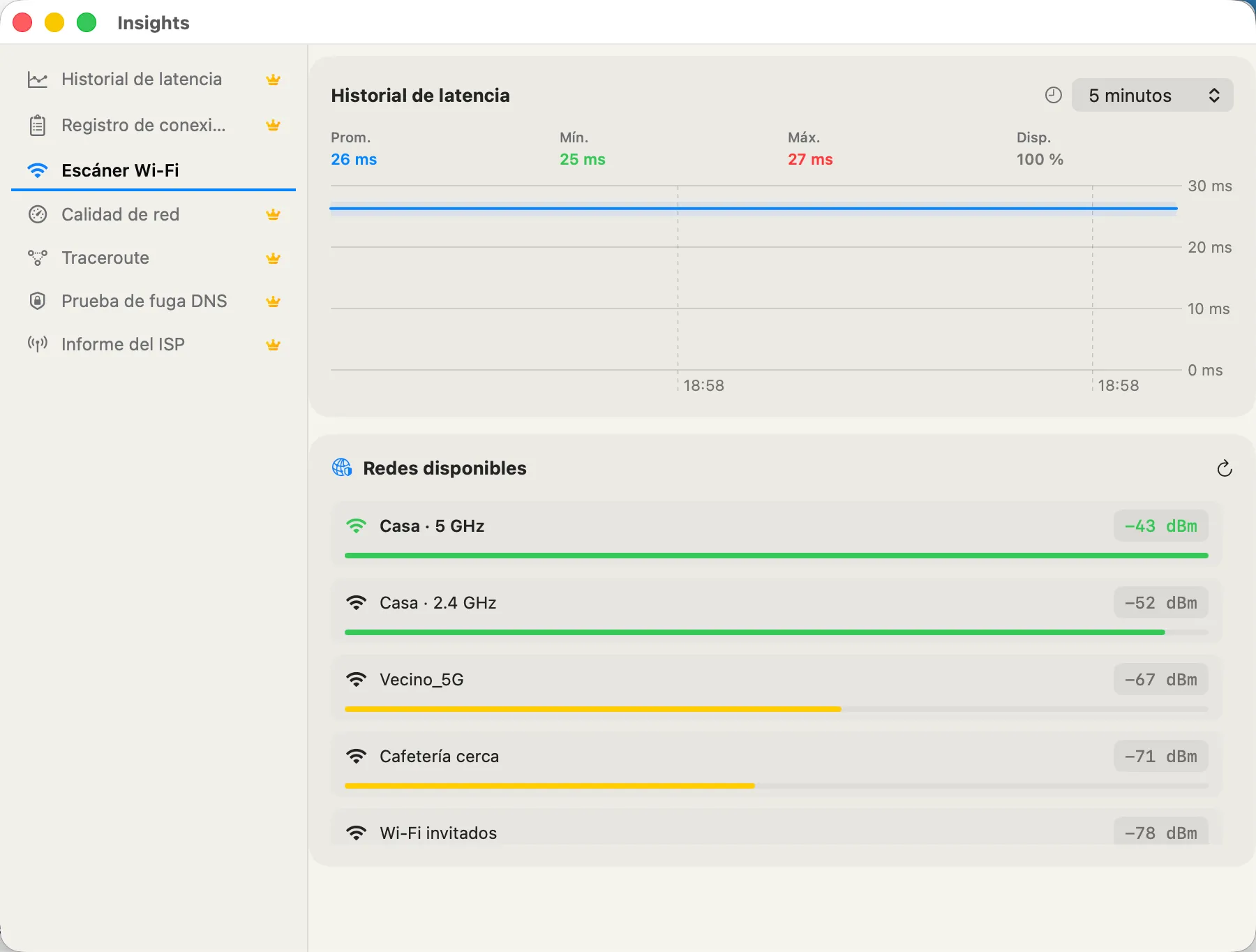 Wi-Fi Scanner — nearby networks with signal strength and channel.