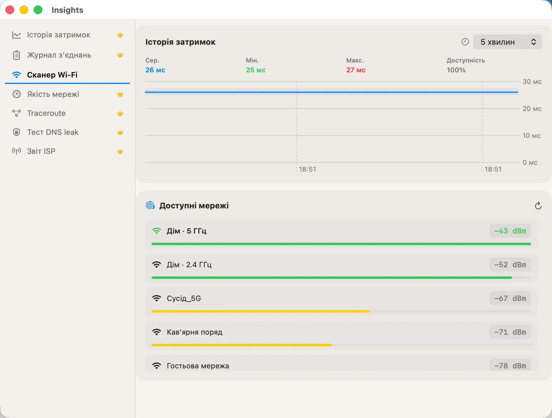 Wi-Fi Scanner — nearby networks with signal strength and channel.