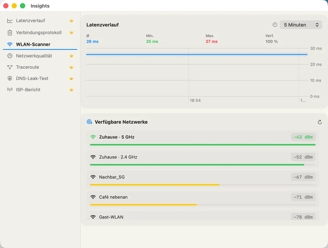 Wi-Fi Scanner — nearby networks with signal strength and channel.