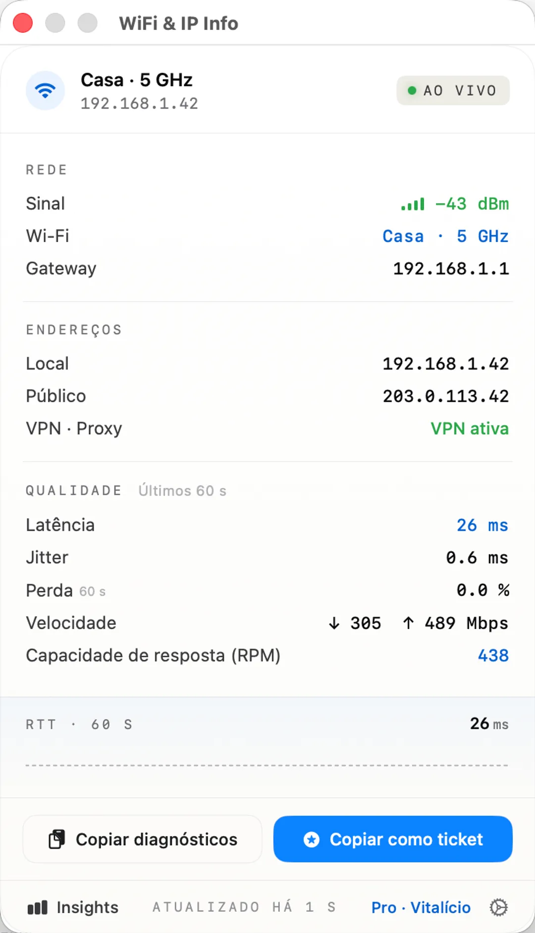 WiFi & IP Info popover — Wi-Fi, IPs, latency, RPM responsiveness, Copy Diagnostics.