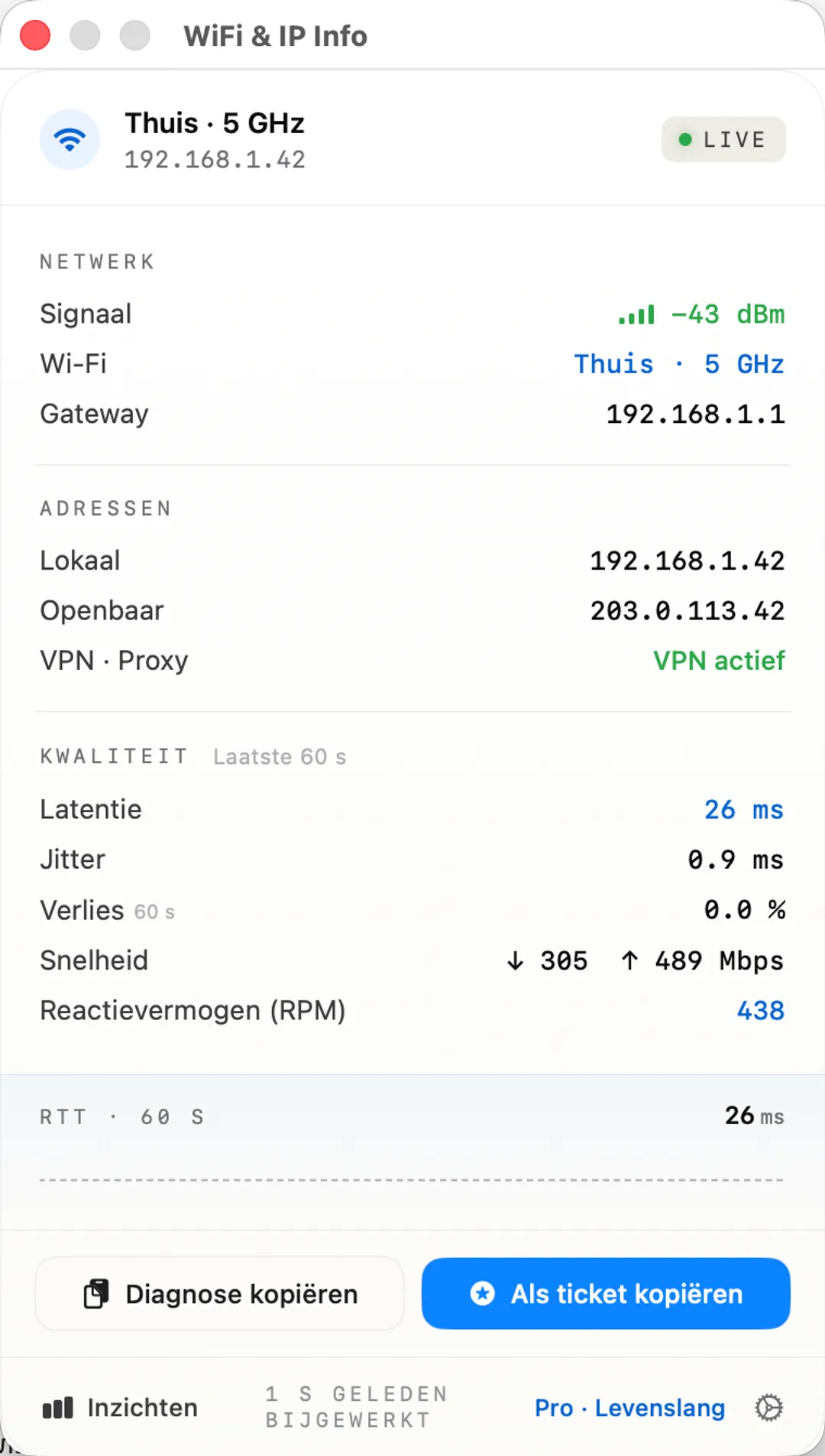 WiFi & IP Info popover — Wi-Fi, IPs, latency, RPM responsiveness, Copy Diagnostics.