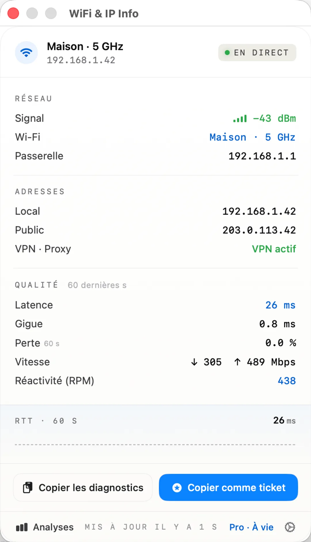 WiFi & IP Info popover — Wi-Fi, IPs, latency, RPM responsiveness, Copy Diagnostics.