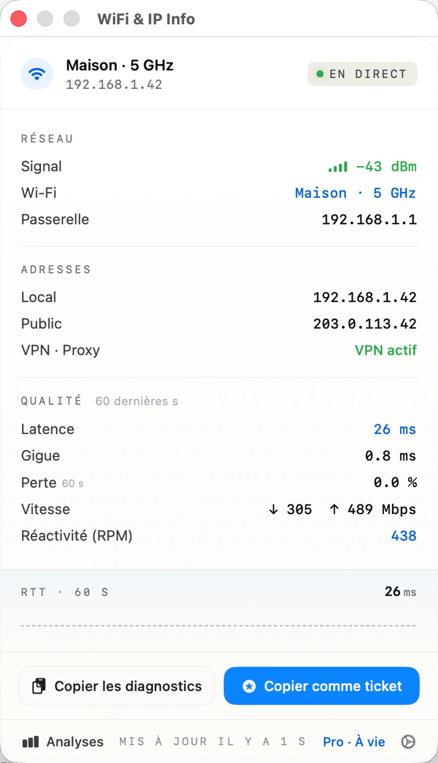 WiFi & IP Info popover — Wi-Fi, IPs, latency, RPM responsiveness, Copy Diagnostics.