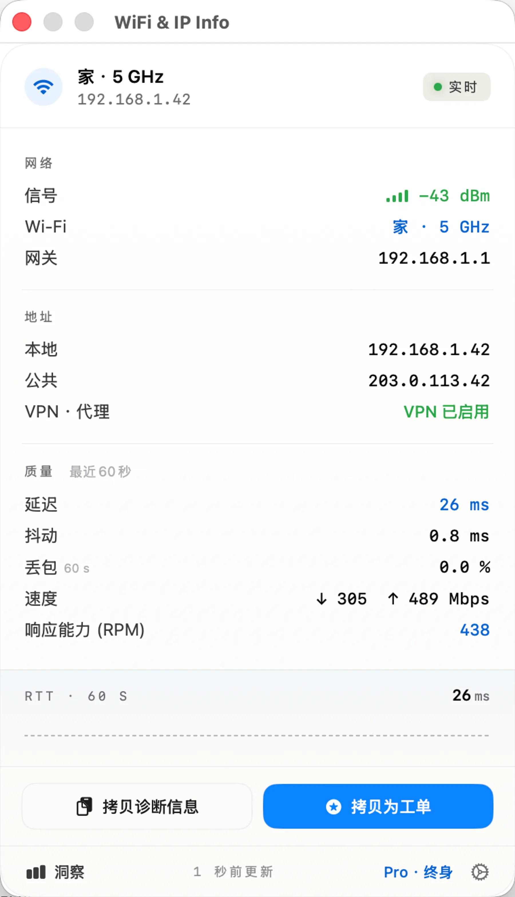 WiFi & IP Info popover — Wi-Fi, IPs, latency, RPM responsiveness, Copy Diagnostics.
