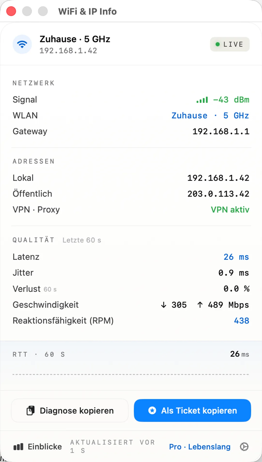 WiFi & IP Info popover — Wi-Fi, IPs, latency, RPM responsiveness, Copy Diagnostics.
