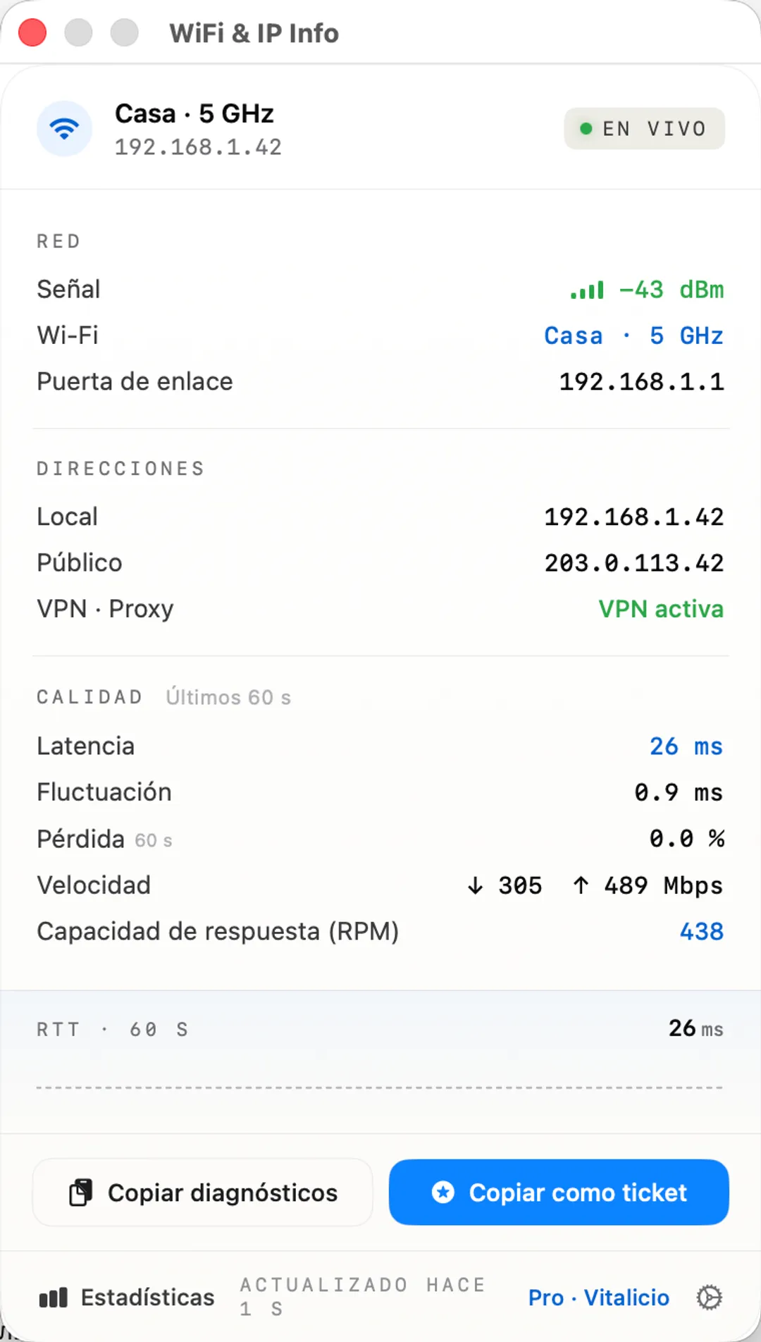 WiFi & IP Info popover — Wi-Fi, IPs, latency, RPM responsiveness, Copy Diagnostics.